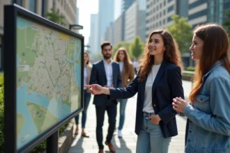 Jeune femme en blazer pointant une carte urbaine en extérieur
