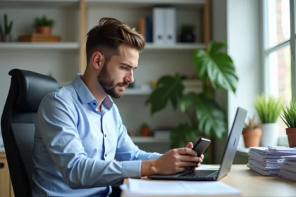 Jeune homme au bureau avec ordinateur et smartphone