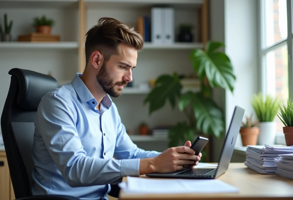 Jeune homme au bureau avec ordinateur et smartphone