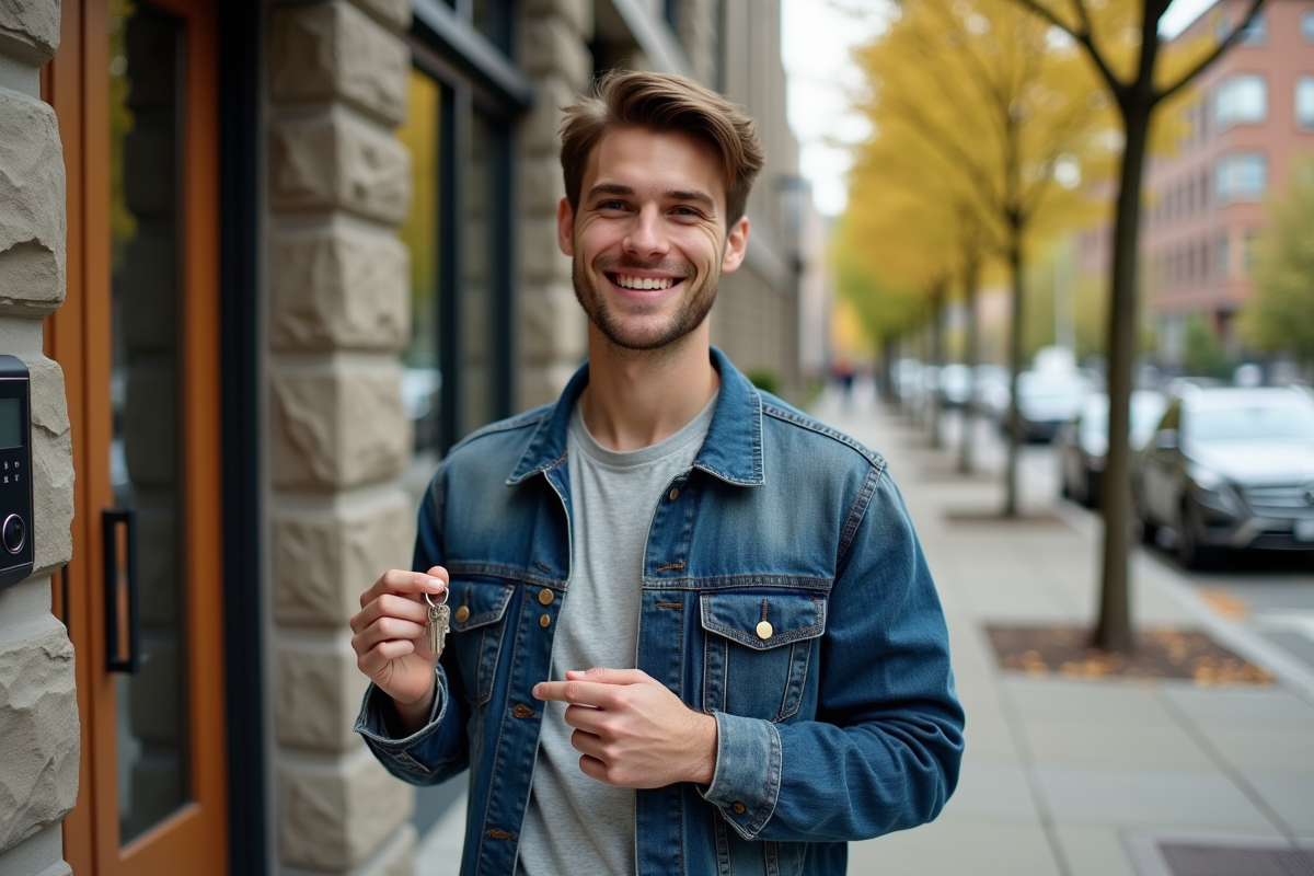 Jeune homme souriant avec clés devant immeuble rénové