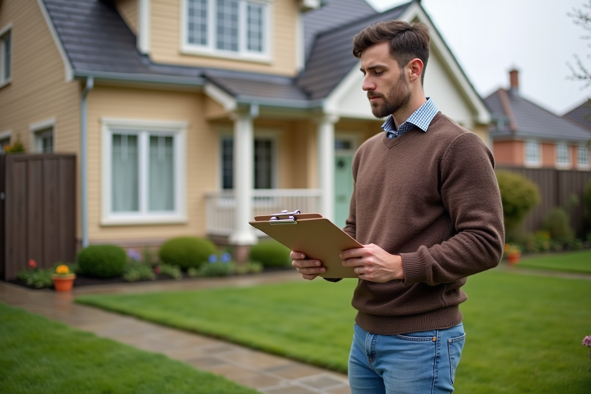 Jeune homme inspecte un jardin de maison en location en extérieur