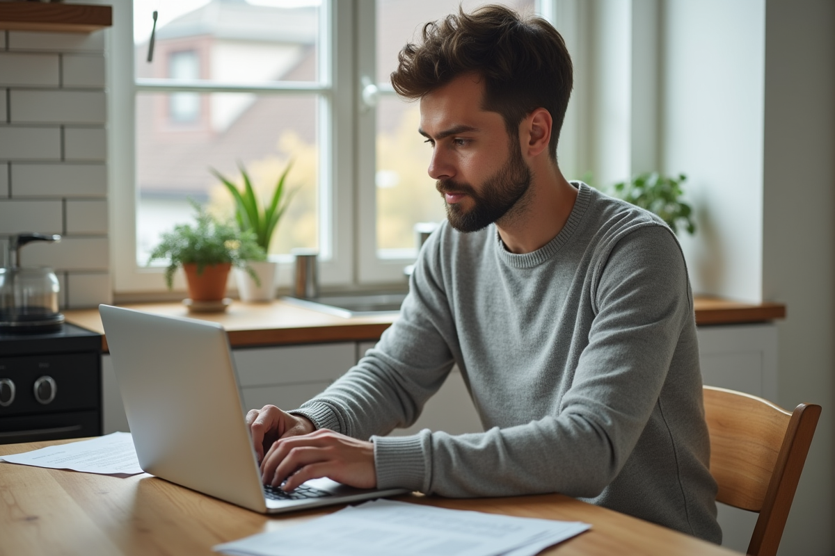 Jeune homme tapant une lettre dans sa cuisine lumineuse