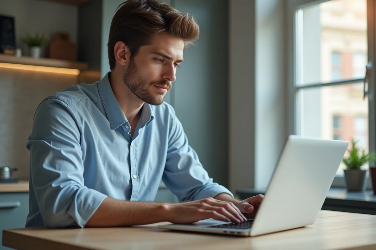 Jeune homme tapant un email dans une cuisine moderne