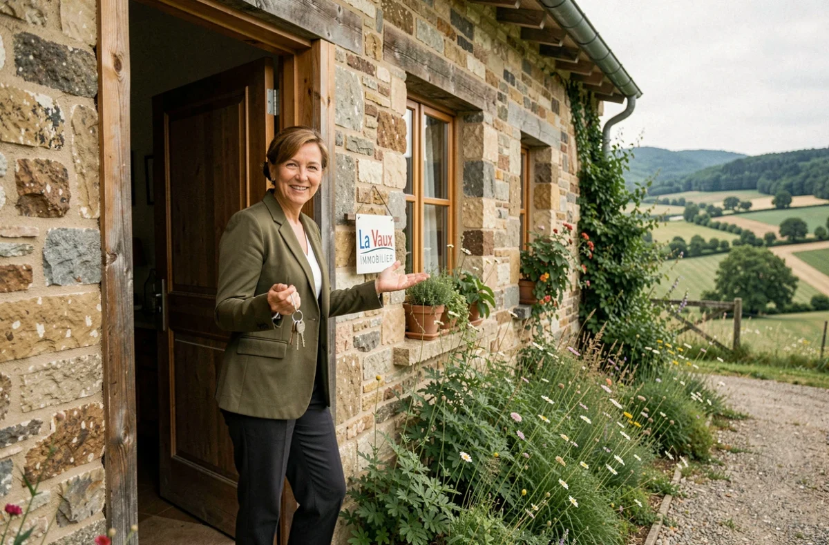 Agente La Vaux Immobilier devant une ferme en pierre en Meurthe-et-Moselle avec paysage rural