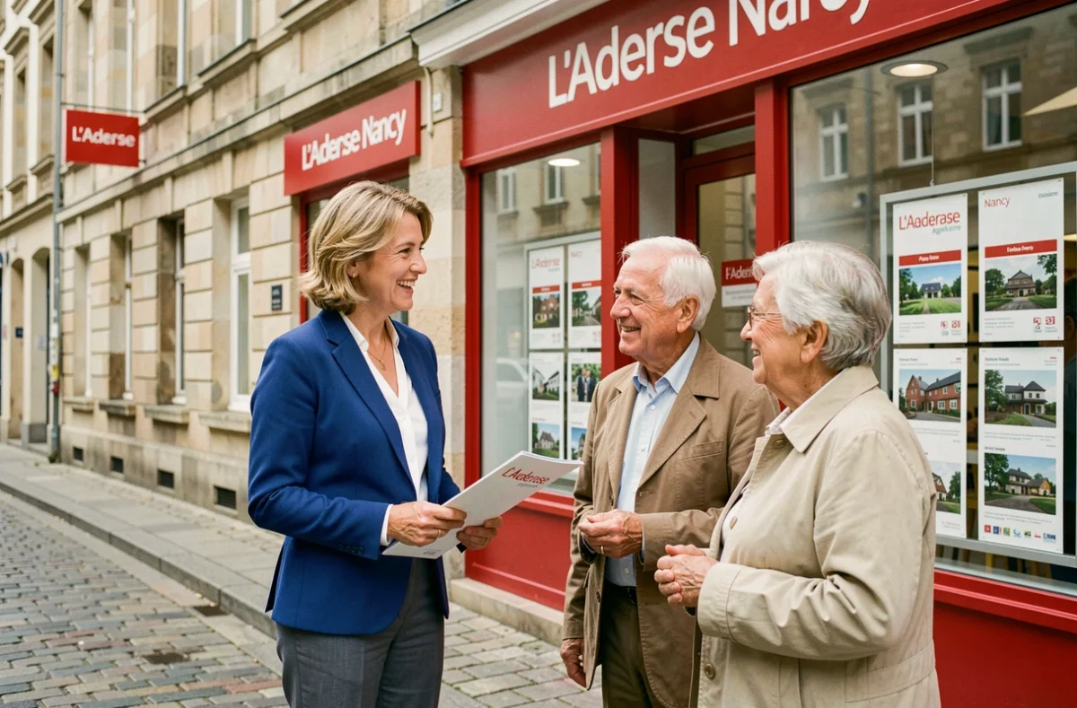 Agente L'Adresse Nancy accueillant un couple âgé devant la devanture rouge de l'agence