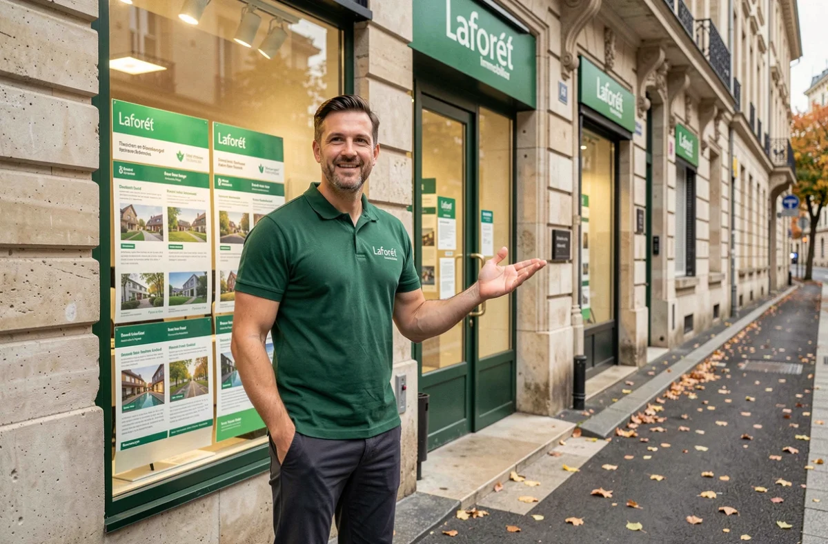 Agent Laforêt Besançon devant la vitrine verte de l'agence avec annonces immobilières affichées