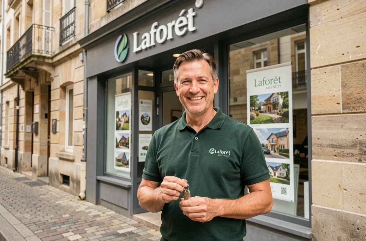 Agent immobilier Laforêt Nancy devant la devanture de l'agence avec clés en main
