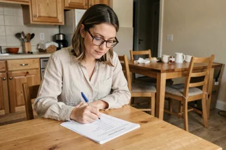 Femme vérifiant une liste de meubles imprimée pour une location meublée dans un appartement