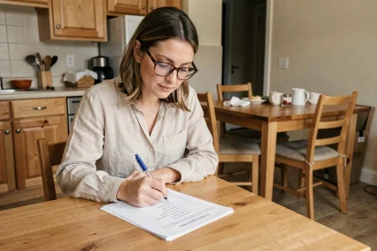 Femme vérifiant une liste de meubles imprimée pour une location meublée dans un appartement