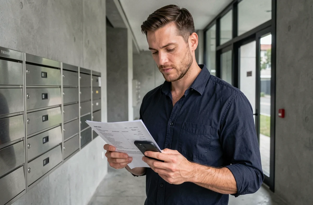 Locataire consultant des documents de location MyFoncia dans le couloir de sa résidence