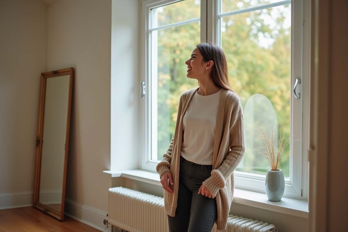 Jeune femme regardant par une fenetre renovée dans son salon lumineux