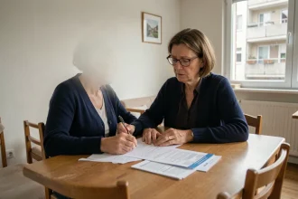 Locataire HLM vérifiant des documents de surloyer à la table de sa cuisine dans un appartement de logement social