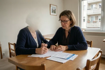 Locataire HLM vérifiant des documents de surloyer à la table de sa cuisine dans un appartement de logement social