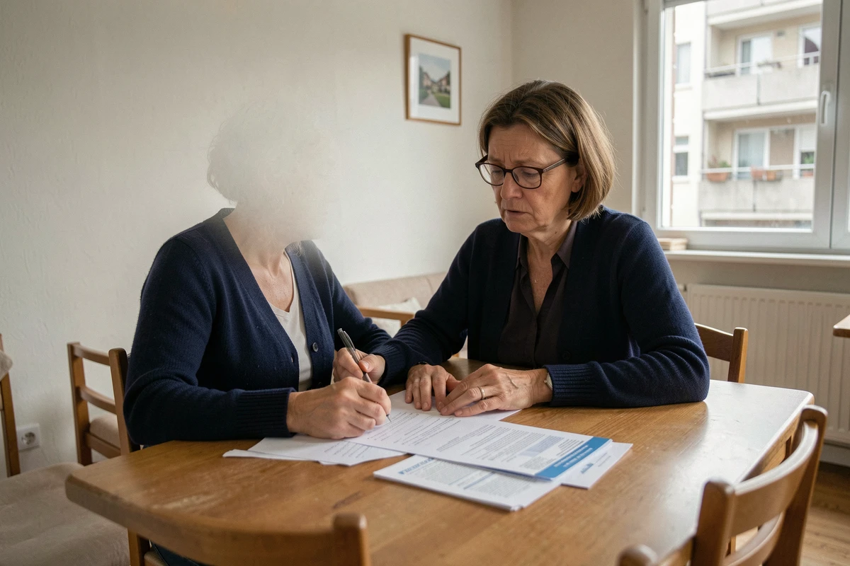 Locataire HLM vérifiant des documents de surloyer à la table de sa cuisine dans un appartement de logement social