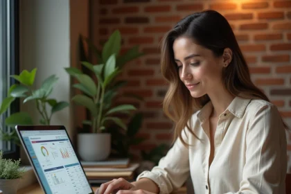 Locataire consultant son espace MyNexity sur un ordinateur portable dans un appartement moderne