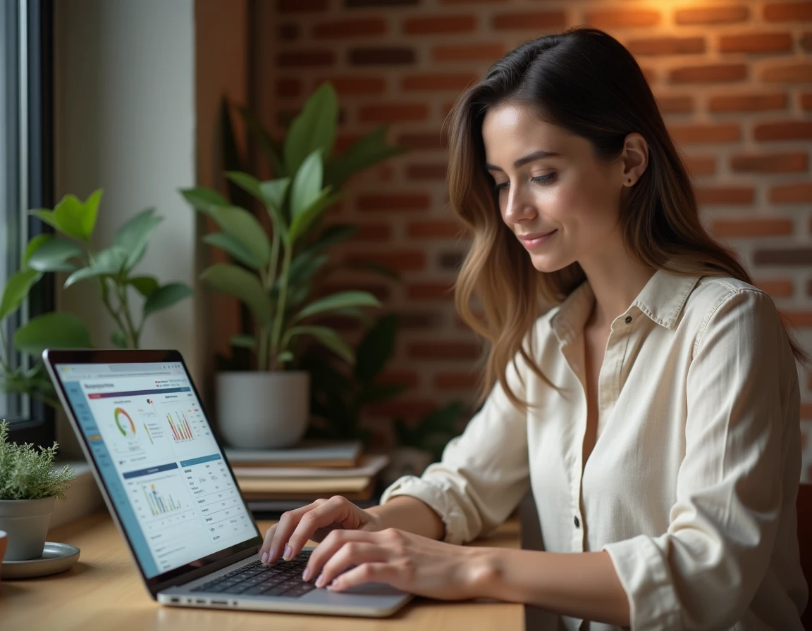 Locataire consultant son espace MyNexity sur un ordinateur portable dans un appartement moderne