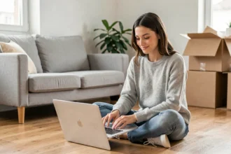 Jeune femme locataire souscrivant une assurance habitation en ligne sur son ordinateur portable dans son appartement