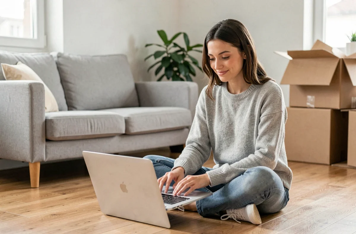 Jeune femme locataire souscrivant une assurance habitation en ligne sur son ordinateur portable dans son appartement