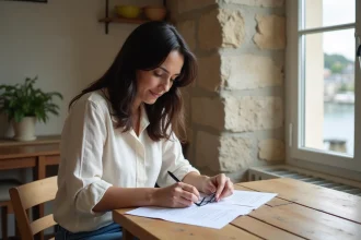 Femme examinant un contrat de location d'appartement à Concarneau entre particuliers dans un intérieur breton authentique