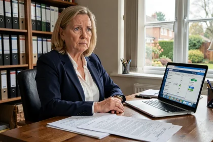 Femme utilisant un logiciel d'estimation immobilière pour une succession sur ordinateur portable