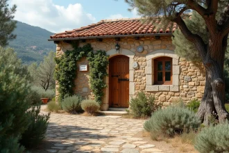 Maison en pierre traditionnelle corse à vendre en Corse du Sud avec panneau de vente et jardin méditerranéen
