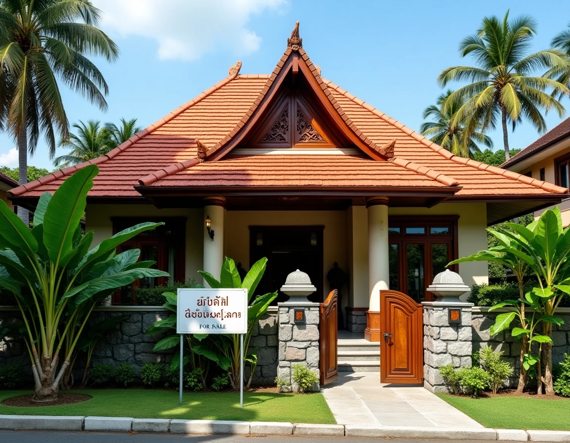 Maison de style thaïlandais traditionnel à vendre à Koh Samui avec jardin tropical, panneau immobilier et architecture en teck
