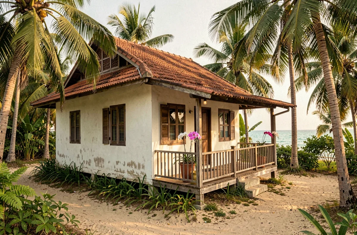 Petite maison thaïlandaise en bois avec vue sur la mer à vendre près d'une plage tropicale en Thaïlande