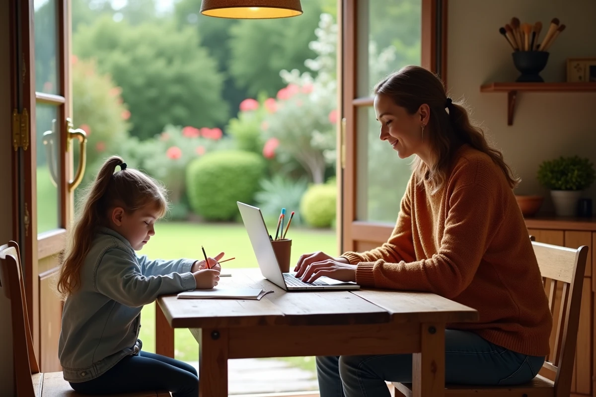 Maman et fille travaillant à la maison dans un cadre rustique