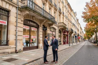 Vue large d'une rue de Besançon avec des agences immobilières et des professionnels de l'immobilier dans le Doubs