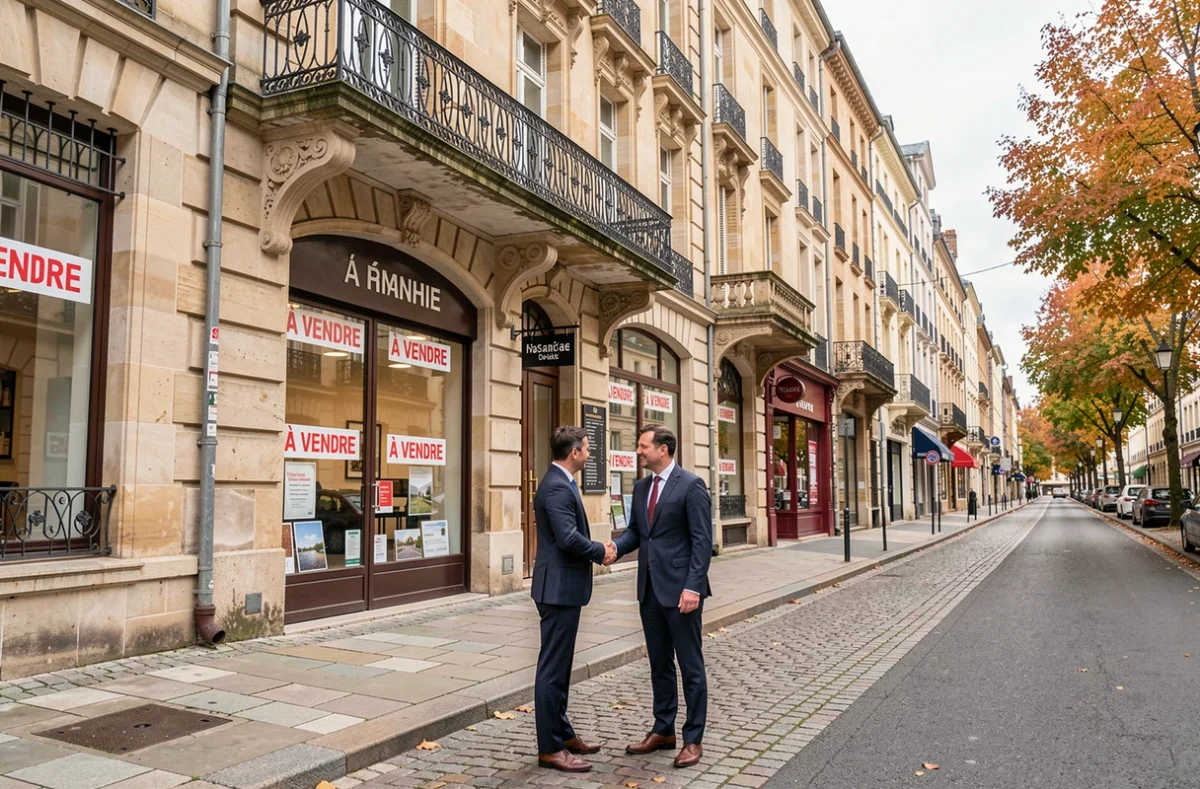 Vue large d'une rue de Besançon avec des agences immobilières et des professionnels de l'immobilier dans le Doubs