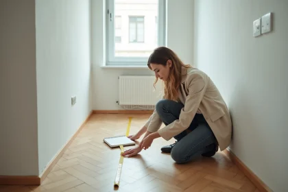 Femme mesurant la superficie d'un studio vide avec un mètre ruban avant l'achat immobilier