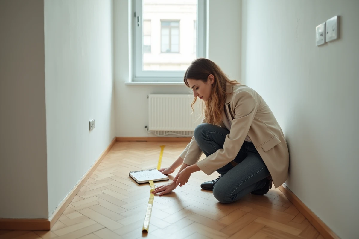 Femme mesurant la superficie d'un studio vide avec un mètre ruban avant l'achat immobilier