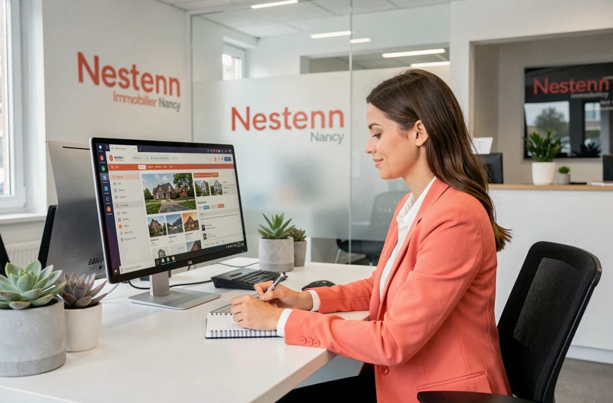 Conseillère Nestenn Immobilier Nancy travaillant sur les annonces dans un bureau moderne