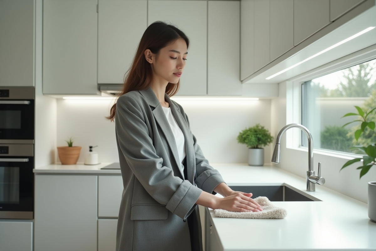 Jeune femme nettoyant un plan de travail dans une cuisine lumineuse