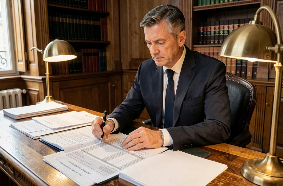 Notaire en costume marine calculant les frais de notaire sur des documents immobiliers dans un bureau classique parisien