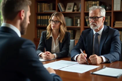 Un couple d'affaires en discussion avec un notaire dans un bureau élégant