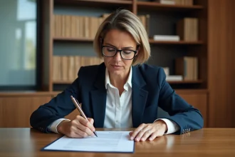 Notaire examinant un contrat de vente immobilière lié à la contribution sécurité à la revente