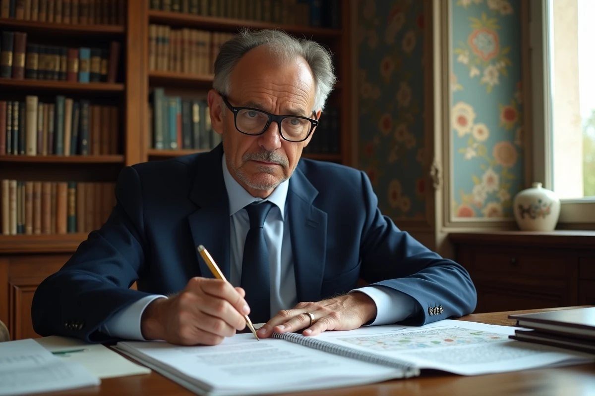 Notaire français en costume marine examinant des documents officiels de propriété pour un château à vendre à prix symbolique, bureau encombré avec dossiers administratifs