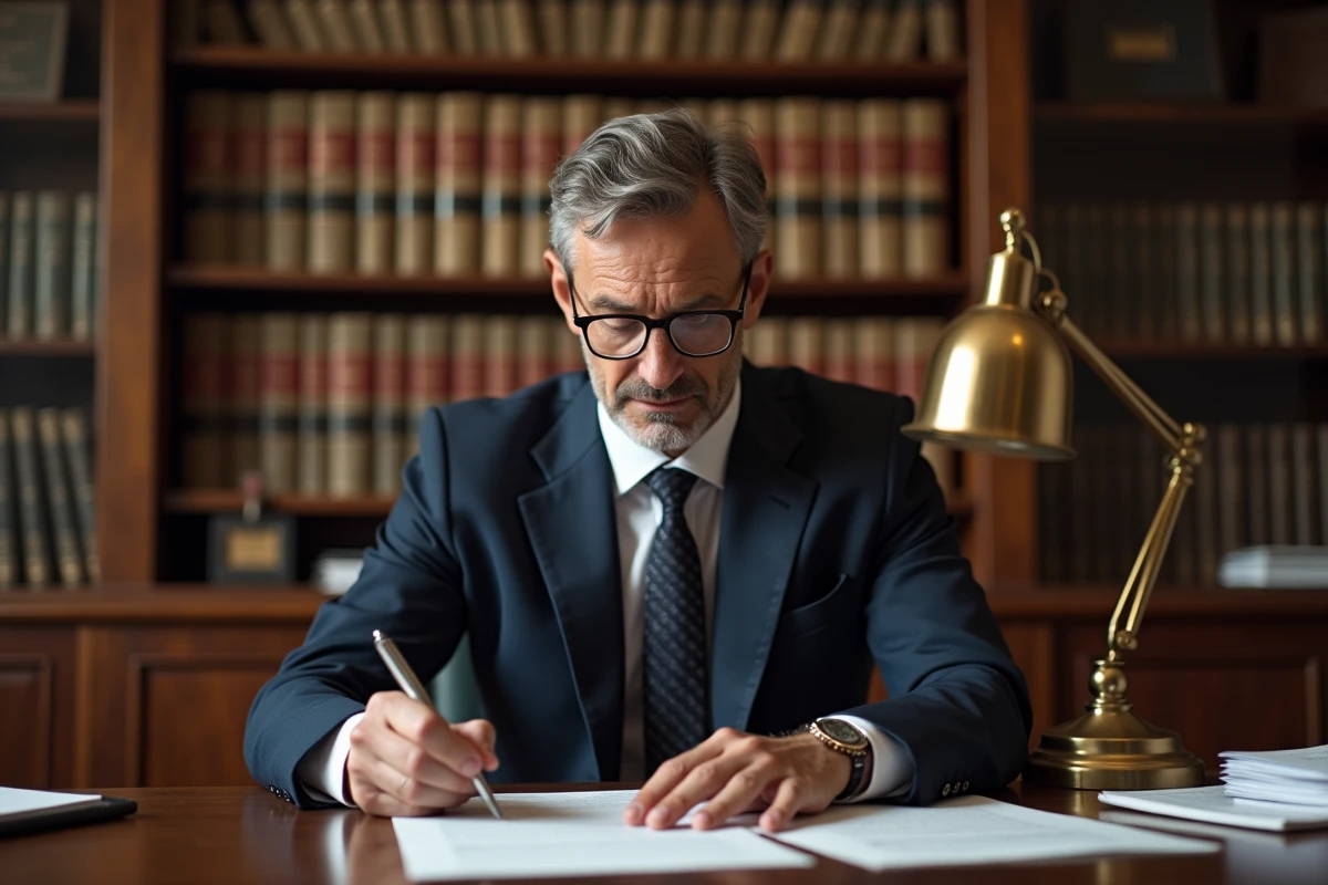 Notaire en costume marine examinant des documents juridiques relatifs à des frais d'adjudication sur un bureau en bois