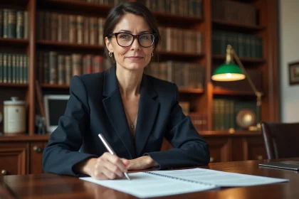 Notaire femme à Limoges examinant un contrat de mariage sur un bureau en chêne dans un bureau traditionnel