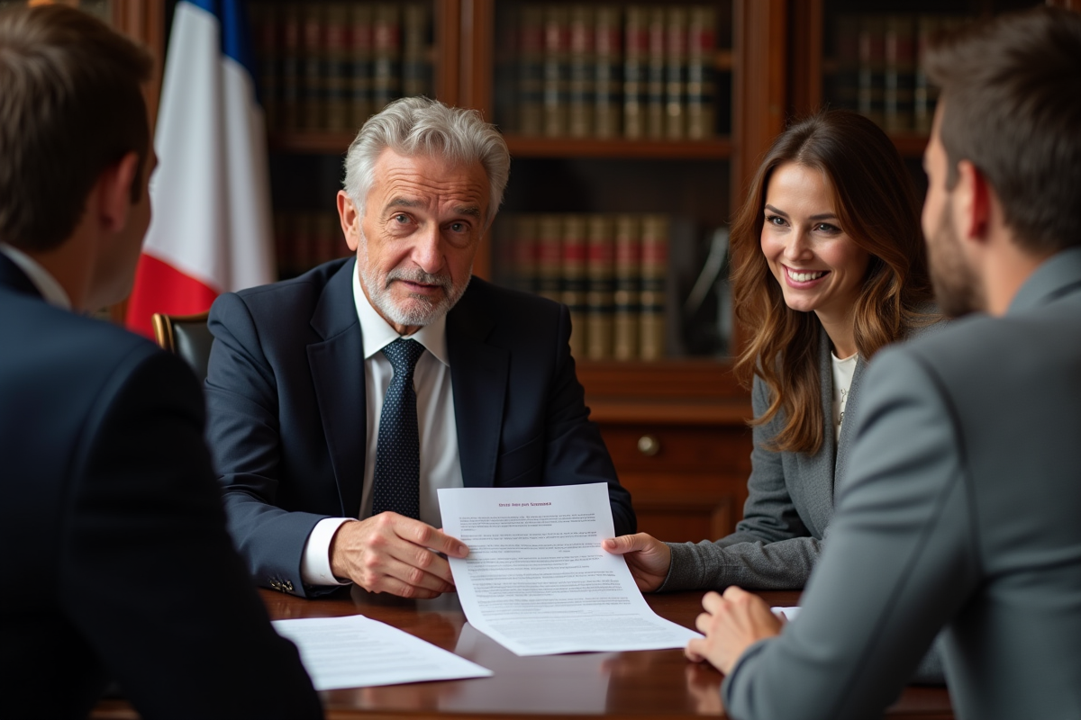 Notaire remettant un contrat de location à un jeune couple