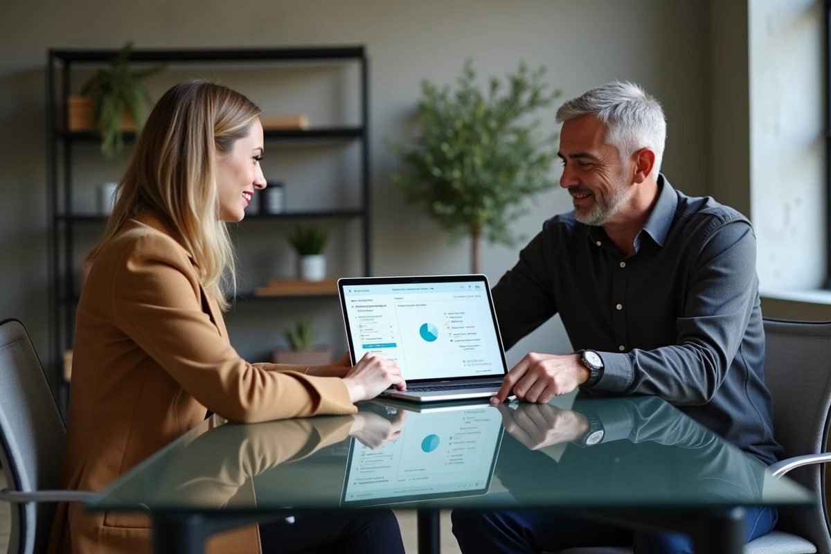 Deux professionnels de l'immobilier analysant ensemble l'optimisation des tarifs et disponibilités sur un ordinateur portable