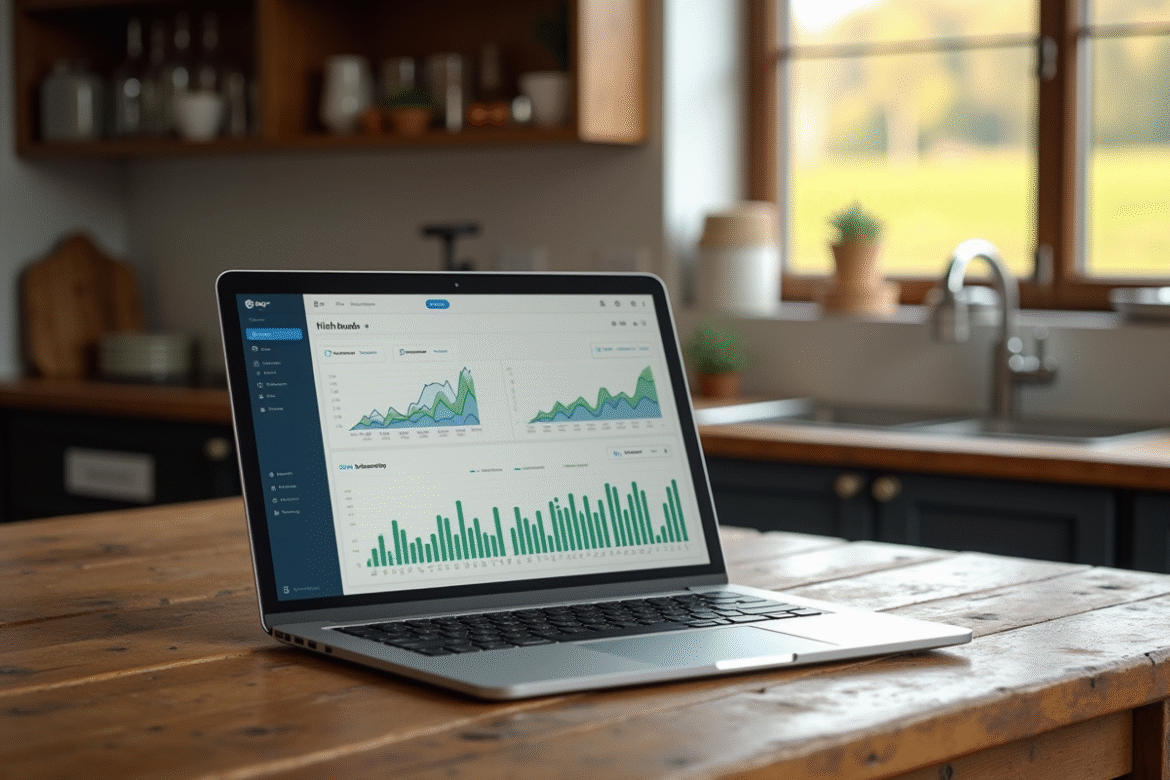 Ordinateur portable avec graphiques d'analytique dans une cuisine rurale