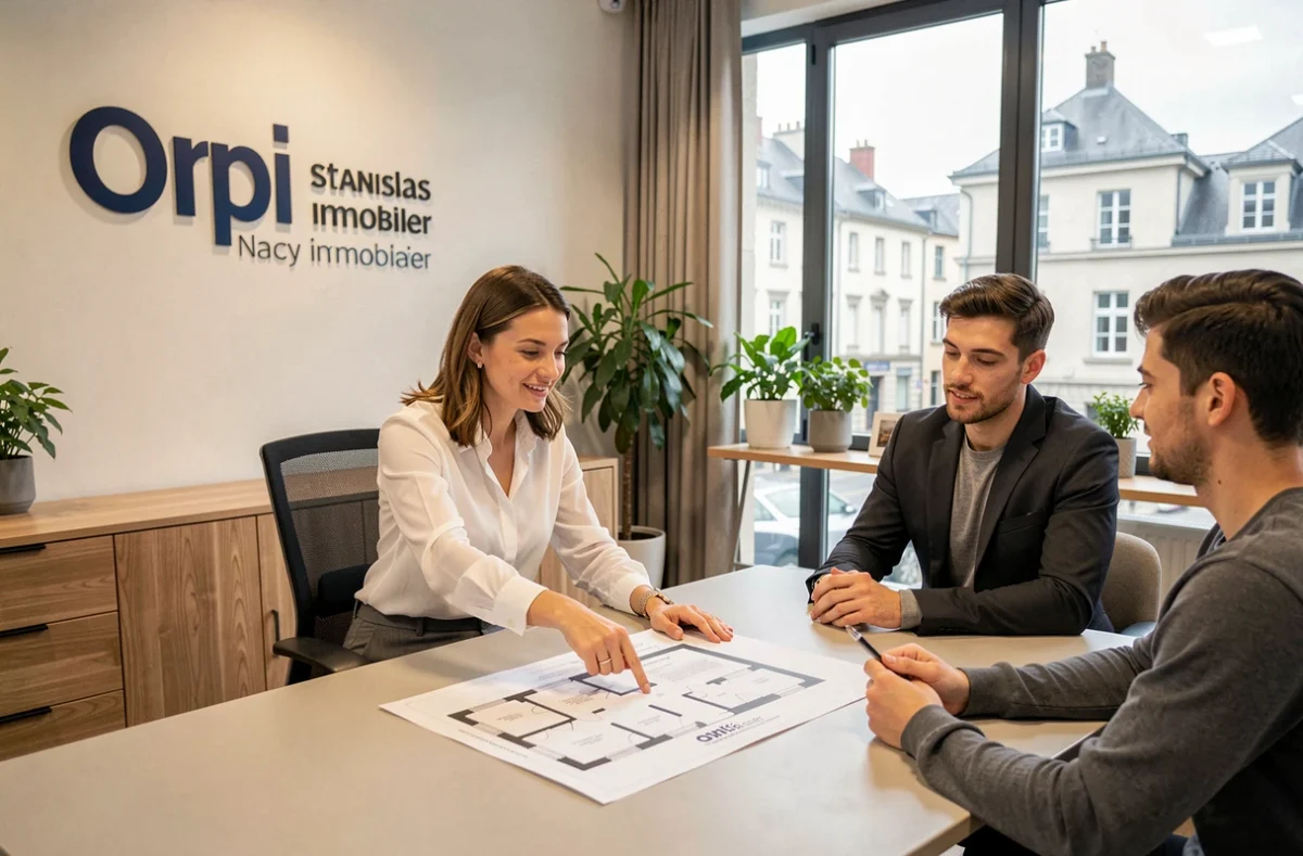 Conseillère Orpi Stanislas Immobilier Nancy en consultation avec des clients autour d'un plan