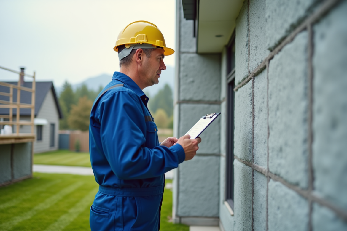 Ouvrier en overalls bleus inspectant murs isolés d'une maison moderne
