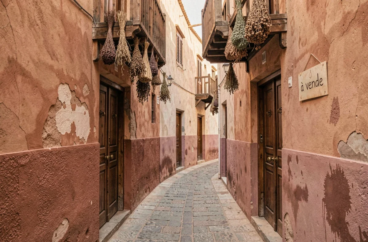 Panneau à vendre sur un mur de la médina de Marrakech dans une ruelle typique aux portes en bois traditionnelles