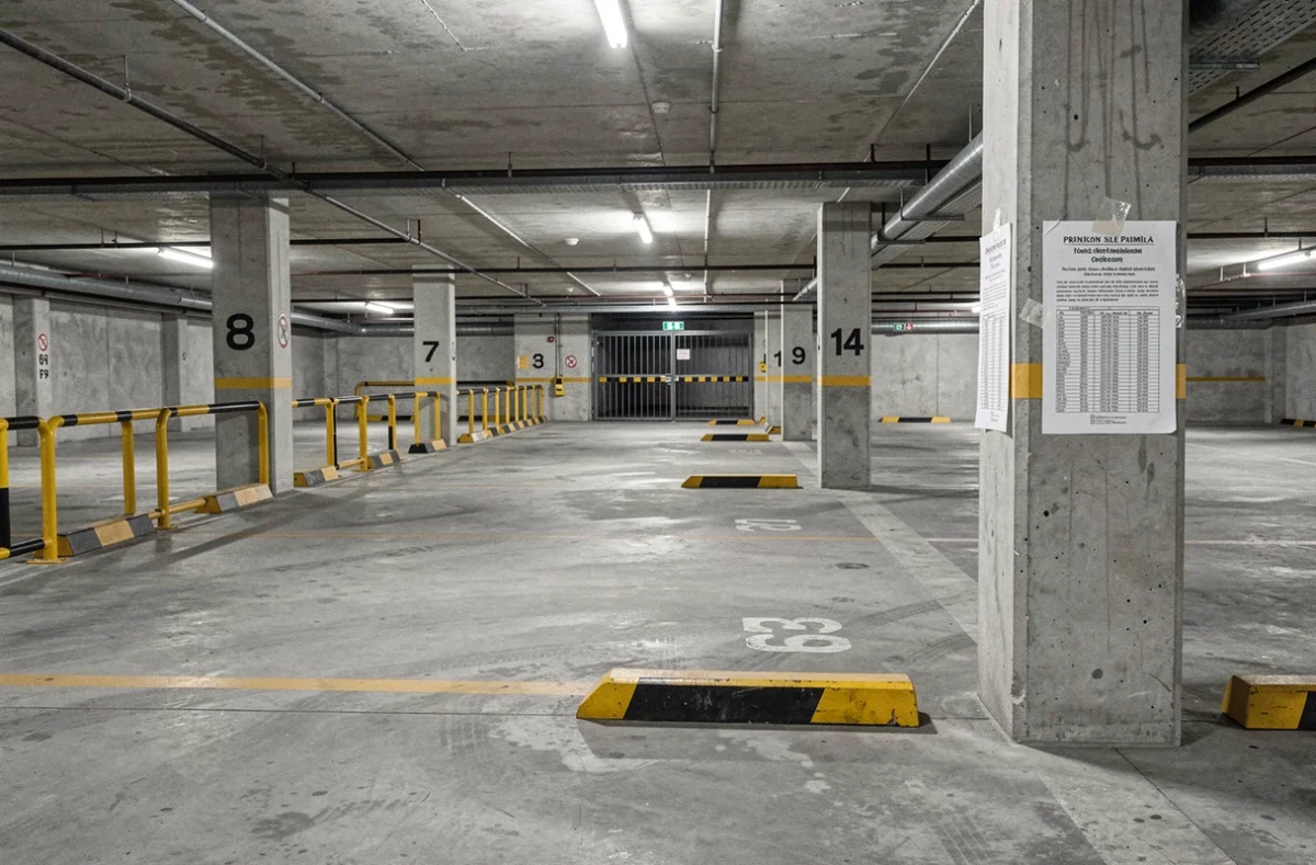 Parking souterrain avec emplacements numérotés et affichage de documents de vente immobilière pour illustrer les frais de notaire