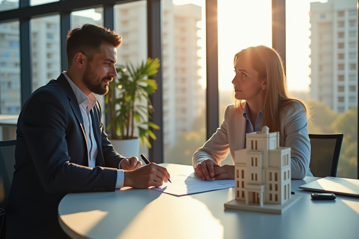 Personne d'affaires examinant documents immobiliers dans un bureau moderne