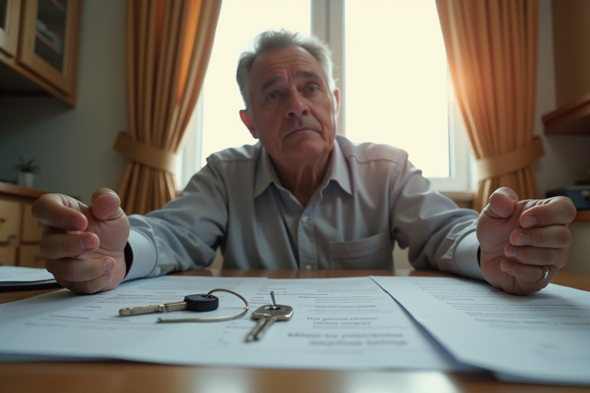 Personne inquiète assise à la table avec papiers et clés de maison