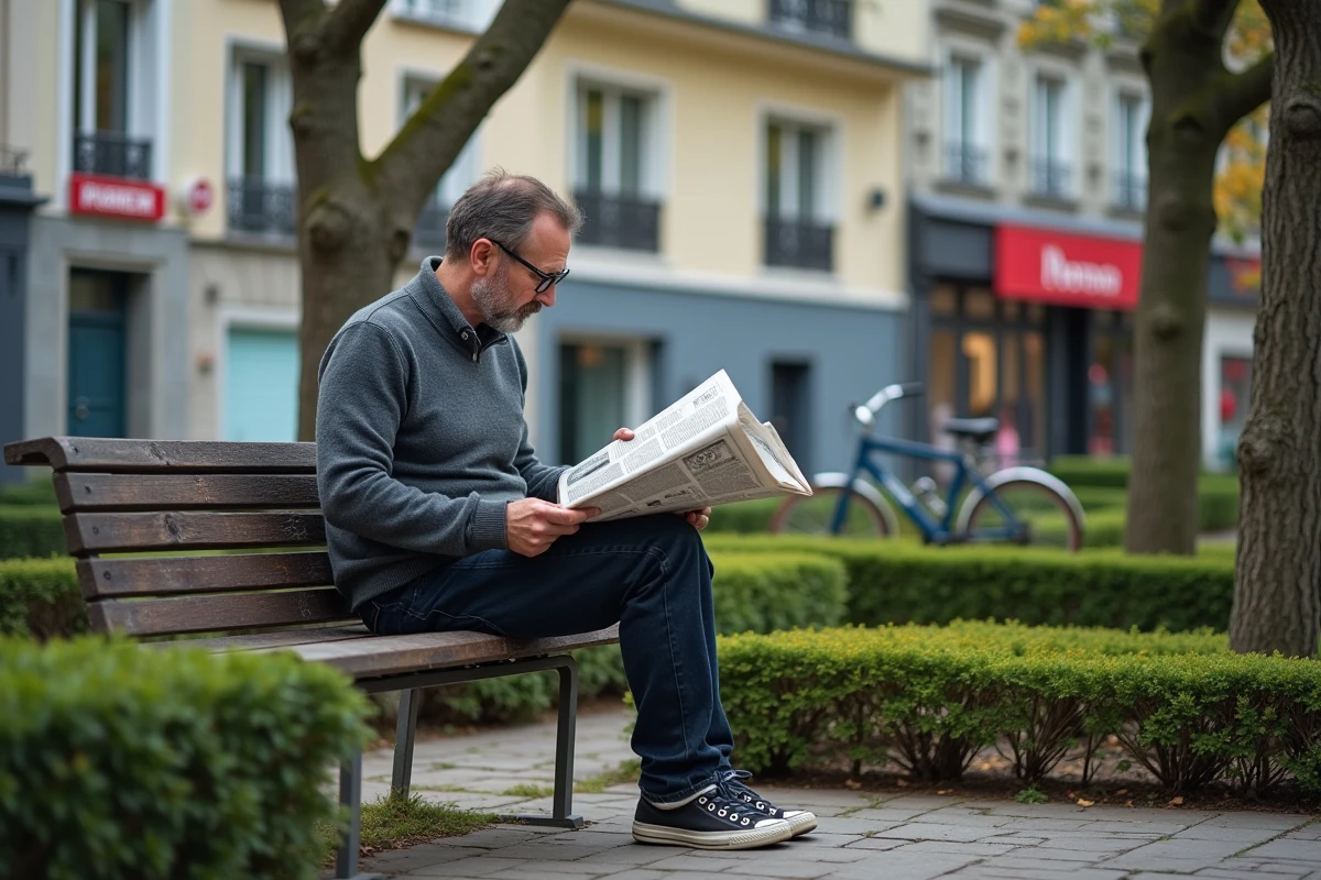 Homme assis sur un banc dans une petite place publique d'un quartier proche du centre de Saint-Étienne